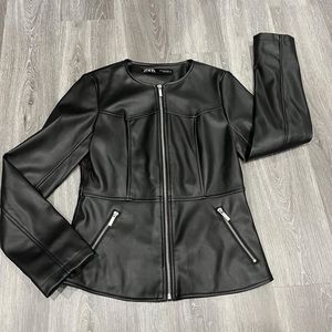 Zara Womens Faux Leather Fitted Jacket SZ M Black 100% Polyester